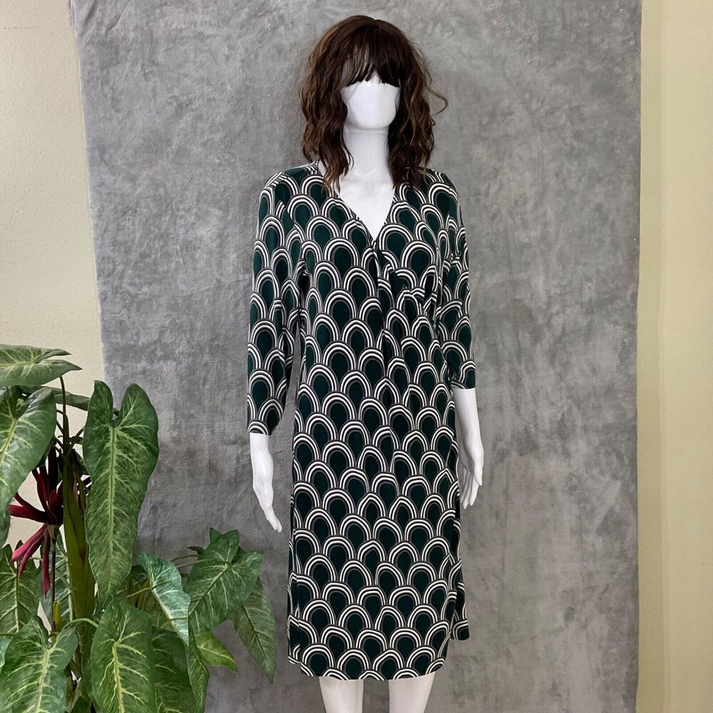 Chico's Travelers Faux Wrap Midi  Dress-Size 1 (Med) green mod geo print stretch